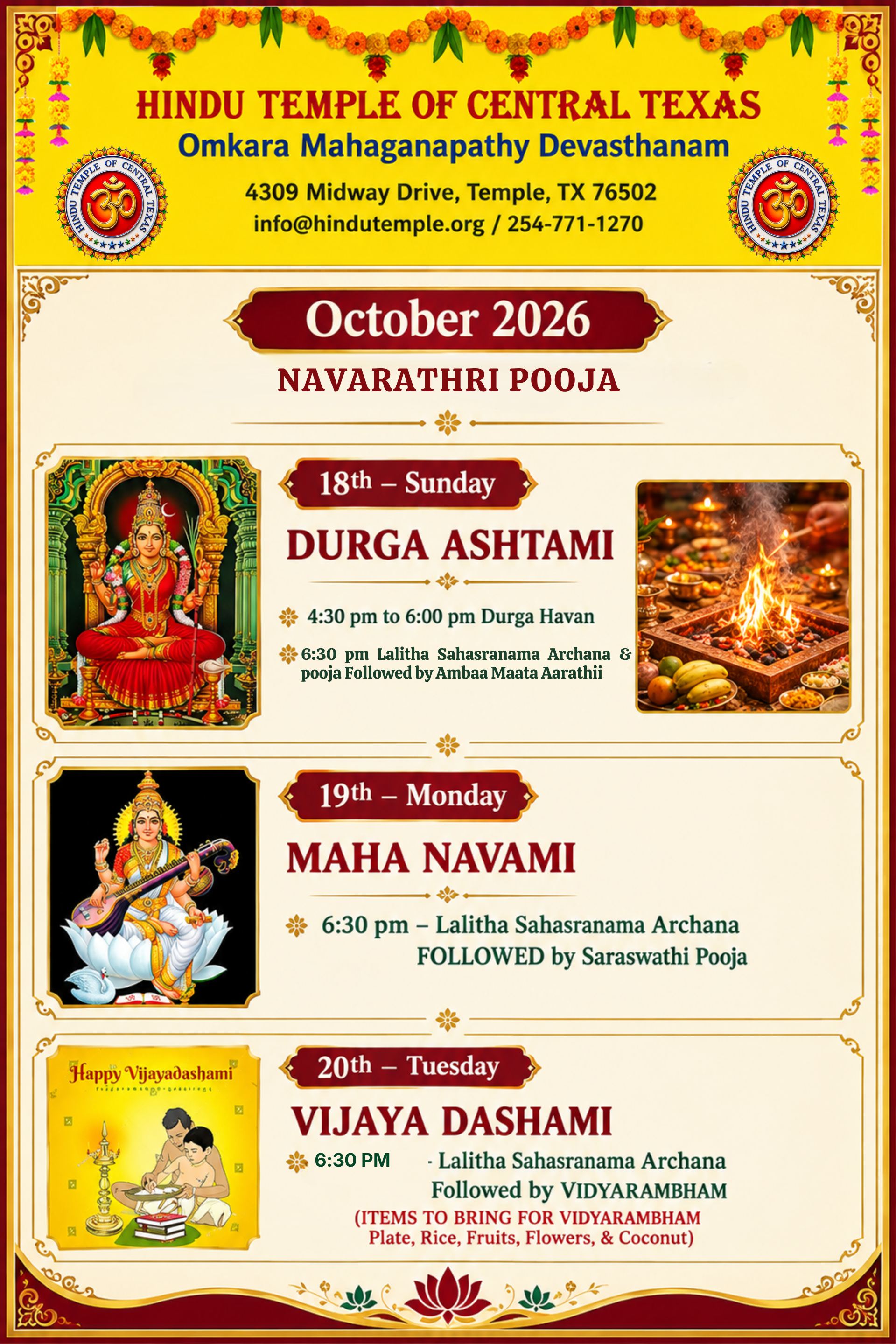 Navarathri Pooja &ndash; October 2026 | Hindu Temple of Central Texas